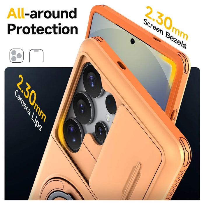 For Samsung Galaxy S24 Ultra Case Slide Camera Cover Kickstand TPU + PC Phone Protective Shell with Card Holder - Orange - 4