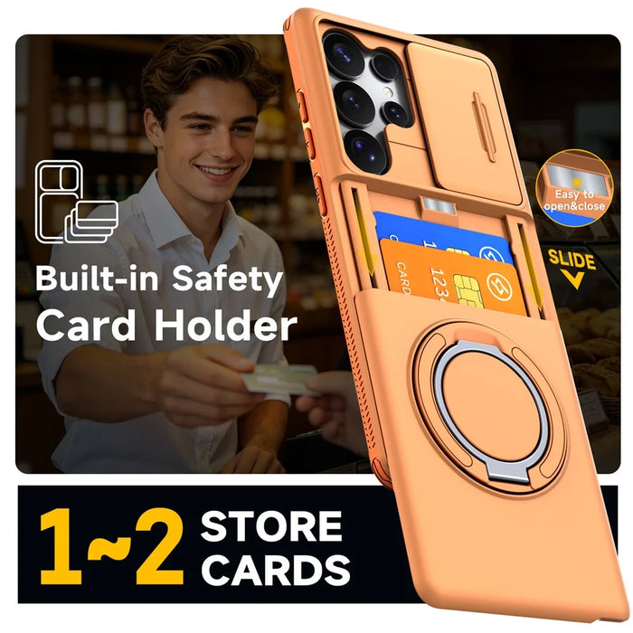 For Samsung Galaxy S24 Ultra Case Slide Camera Cover Kickstand TPU + PC Phone Protective Shell with Card Holder - Orange - 5