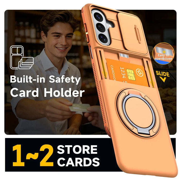 For Samsung Galaxy S25 FE Case Slide Camera Cover Kickstand TPU + PC Phone Protective Shell with Card Holder - Orange - 5