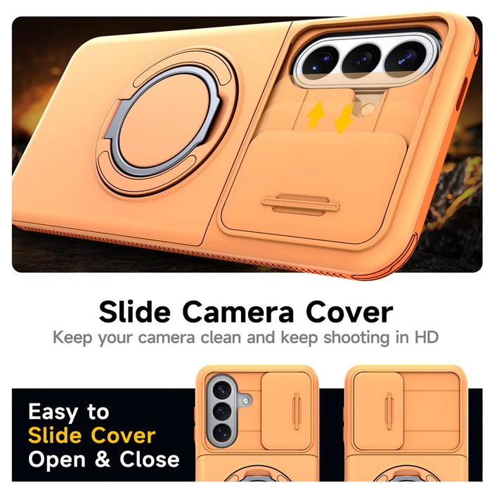 For Samsung Galaxy S25 FE Case Slide Camera Cover Kickstand TPU + PC Phone Protective Shell with Card Holder - Orange - 6