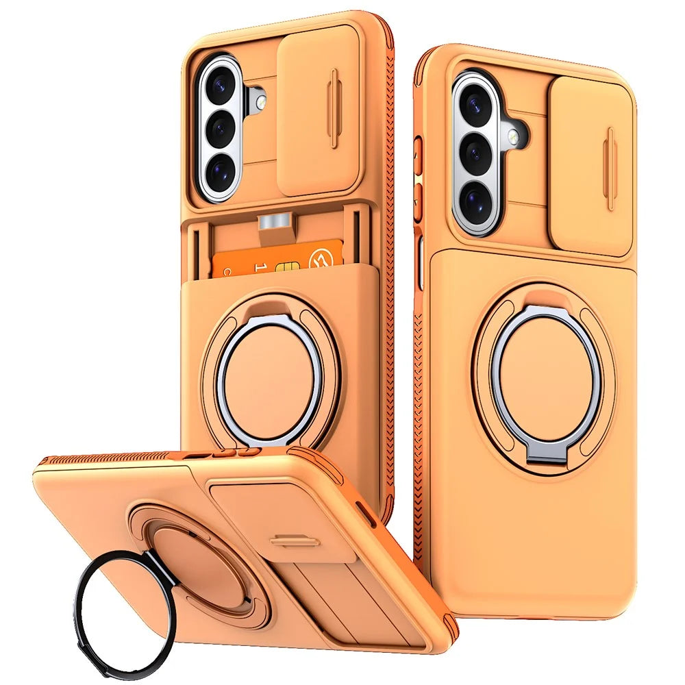 For Samsung Galaxy S26+ Case Slide Camera Cover Kickstand TPU + PC Phone Protective Shell with Card Holder - Orange - 1