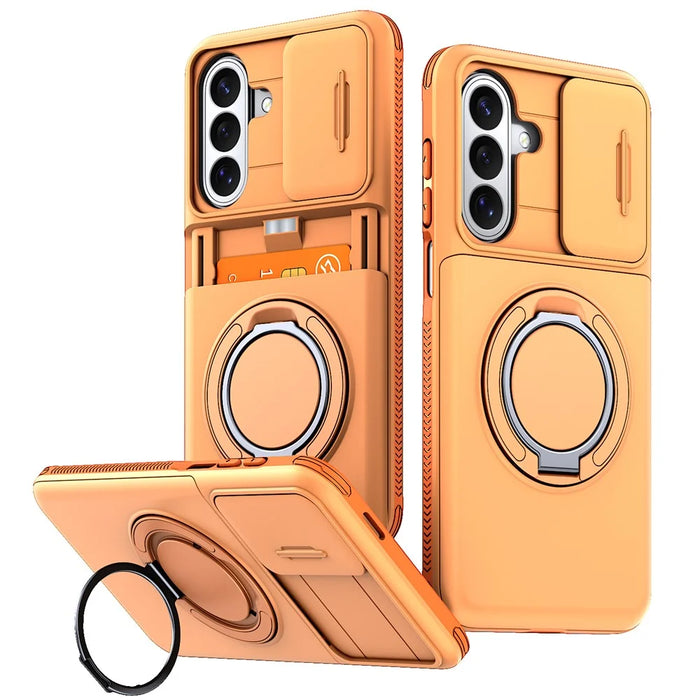 For Samsung Galaxy S26+ Case Slide Camera Cover Kickstand TPU + PC Phone Protective Shell with Card Holder - Orange - 1