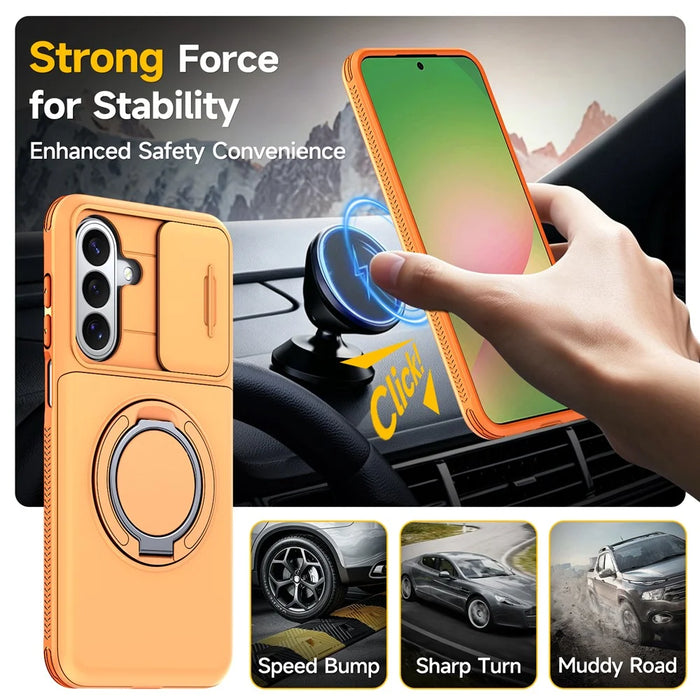 For Samsung Galaxy S26+ Case Slide Camera Cover Kickstand TPU + PC Phone Protective Shell with Card Holder - Orange - 2