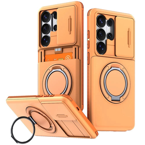 For Samsung Galaxy S26 Ultra Case Slide Camera Cover Kickstand TPU + PC Phone Protective Shell with Card Holder - Orange - 1