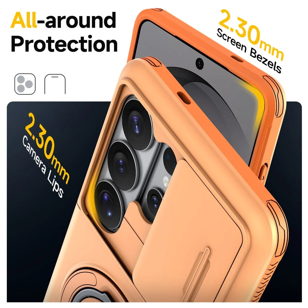 For Samsung Galaxy S26 Ultra Case Slide Camera Cover Kickstand TPU + PC Phone Protective Shell with Card Holder - Orange - 3