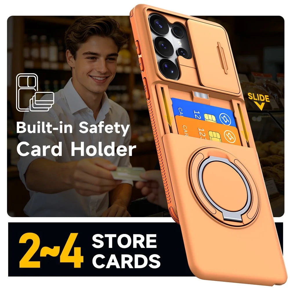 For Samsung Galaxy S26 Ultra Case Slide Camera Cover Kickstand TPU + PC Phone Protective Shell with Card Holder - Orange - 4