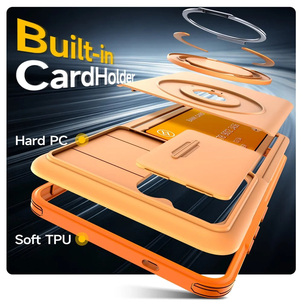 For Samsung Galaxy S26 Ultra Case Slide Camera Cover Kickstand TPU + PC Phone Protective Shell with Card Holder - Orange - 7