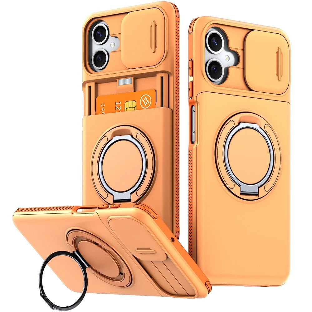 For Samsung Galaxy A06 4G / A06 5G Case Slide Camera Cover Kickstand TPU + PC Phone Protective Shell with Card Holder - Orange - 1