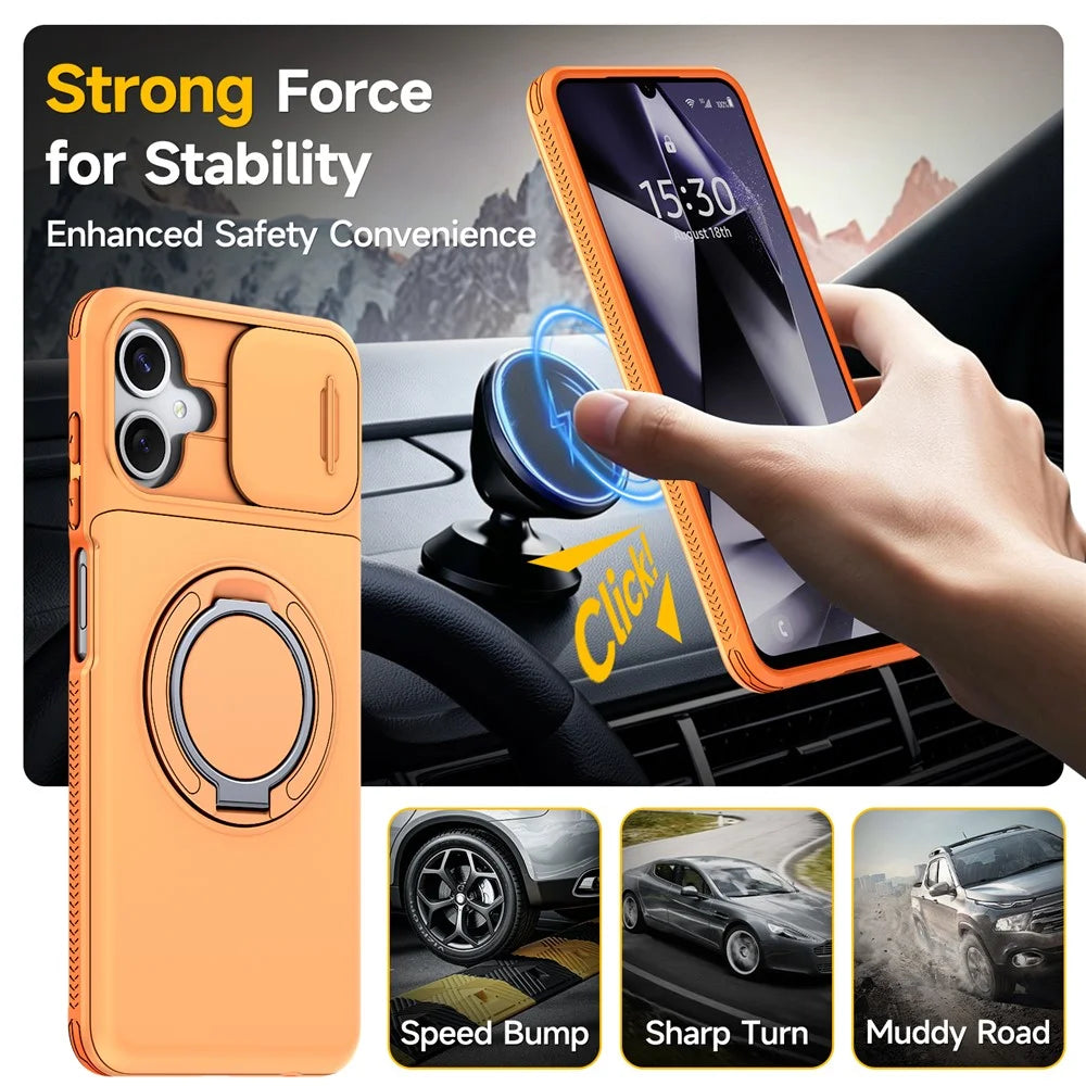 For Samsung Galaxy A06 4G / A06 5G Case Slide Camera Cover Kickstand TPU + PC Phone Protective Shell with Card Holder - Orange - 2