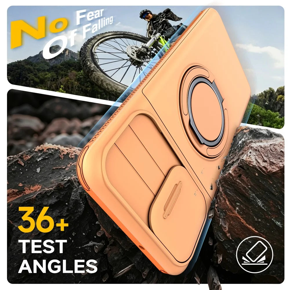 For Samsung Galaxy A06 4G / A06 5G Case Slide Camera Cover Kickstand TPU + PC Phone Protective Shell with Card Holder - Orange - 3