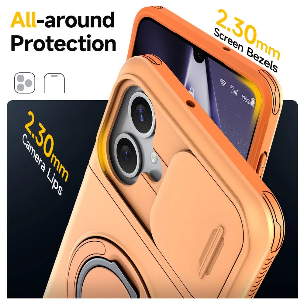 For Samsung Galaxy A06 4G / A06 5G Case Slide Camera Cover Kickstand TPU + PC Phone Protective Shell with Card Holder - Orange - 4