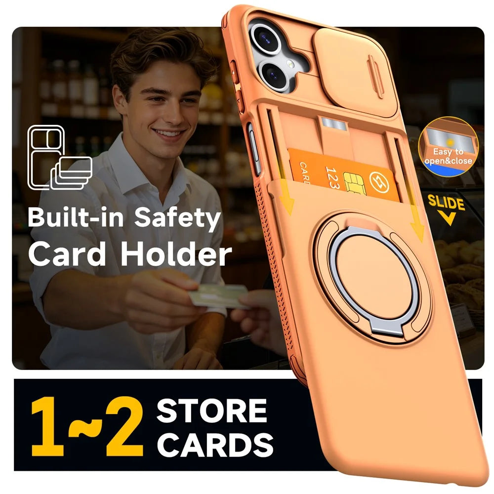 For Samsung Galaxy A06 4G / A06 5G Case Slide Camera Cover Kickstand TPU + PC Phone Protective Shell with Card Holder - Orange - 5