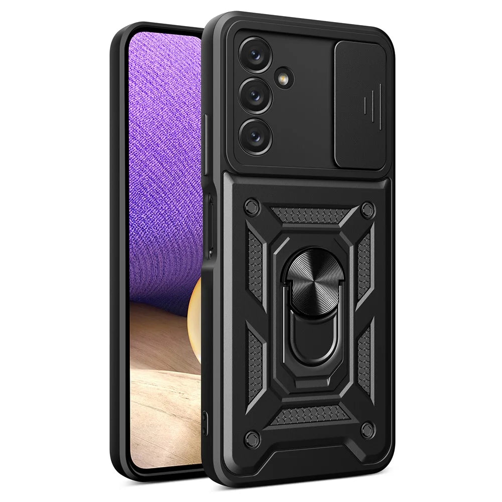 Shockproof Phone Case for Samsung Galaxy A14 5G / A14 4G Ring Kickstand PC + TPU Protective Back Cover with Slide Camera Protector - Black - 1