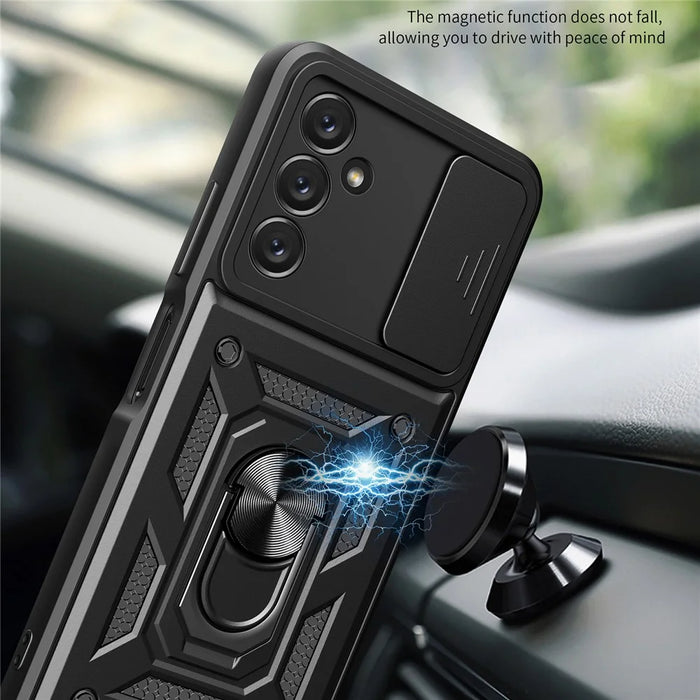 Shockproof Phone Case for Samsung Galaxy A14 5G / A14 4G Ring Kickstand PC + TPU Protective Back Cover with Slide Camera Protector - Black - 3