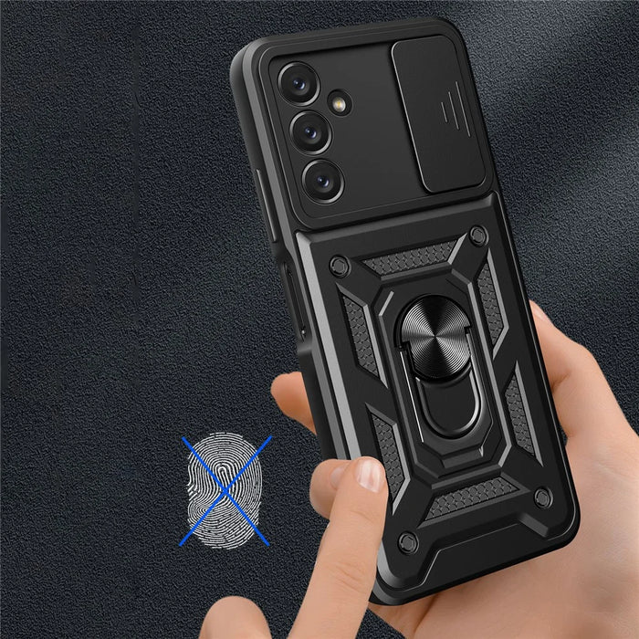 Shockproof Phone Case for Samsung Galaxy A14 5G / A14 4G Ring Kickstand PC + TPU Protective Back Cover with Slide Camera Protector - Black - 5