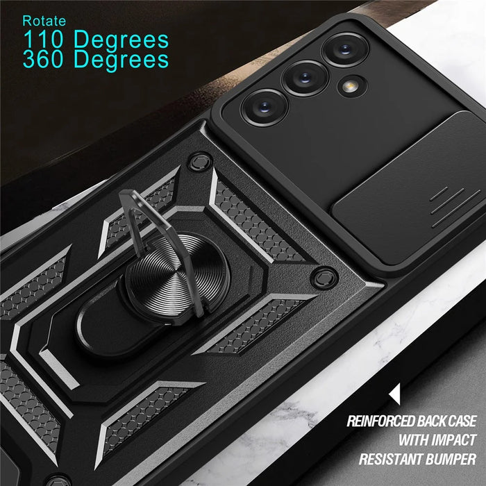 Shockproof Phone Case for Samsung Galaxy A14 5G / A14 4G Ring Kickstand PC + TPU Protective Back Cover with Slide Camera Protector - Black - 7