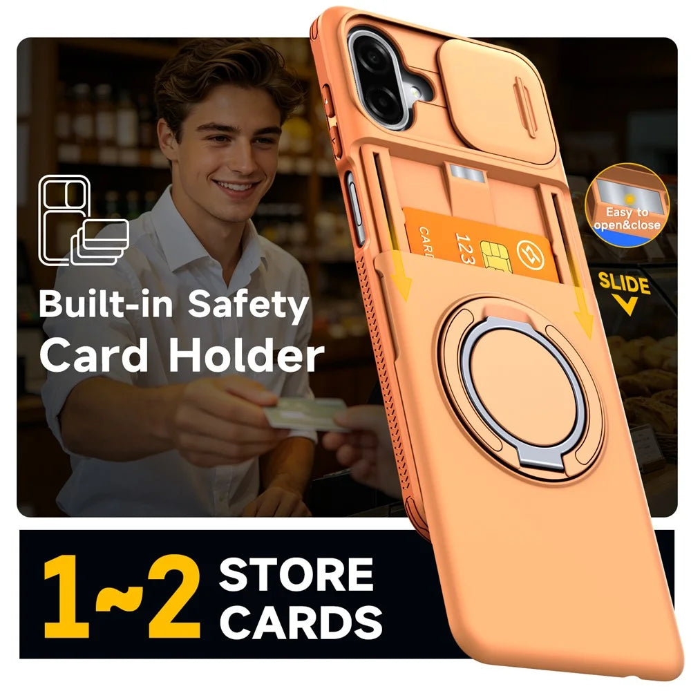 For Samsung Galaxy A08 5G / A07 5G / A07 4G Case Slide Camera Cover Kickstand TPU + PC Protective Phone Shell with Card Holder - Orange - 5