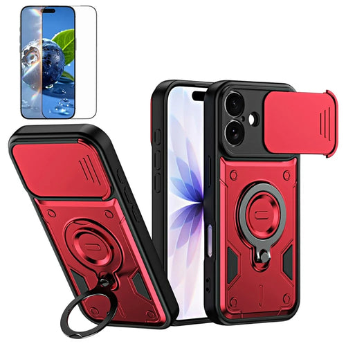 For iPhone 16 Magnetic Case Rotating Kickstand Lens Slider Cover PC + TPU Phone Shell with Tempered Glass Flim - Red - 1