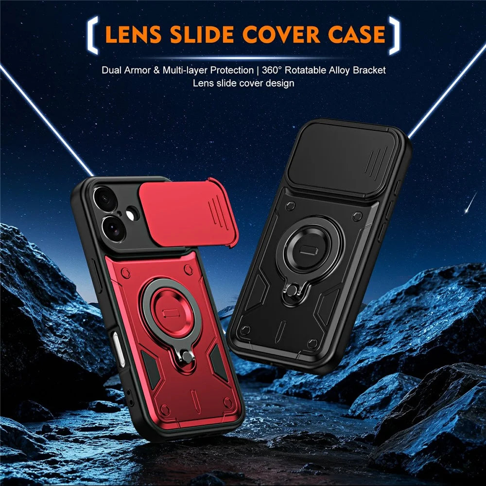 For iPhone 16 Magnetic Case Rotating Kickstand Lens Slider Cover PC + TPU Phone Shell with Tempered Glass Flim - Red - 2
