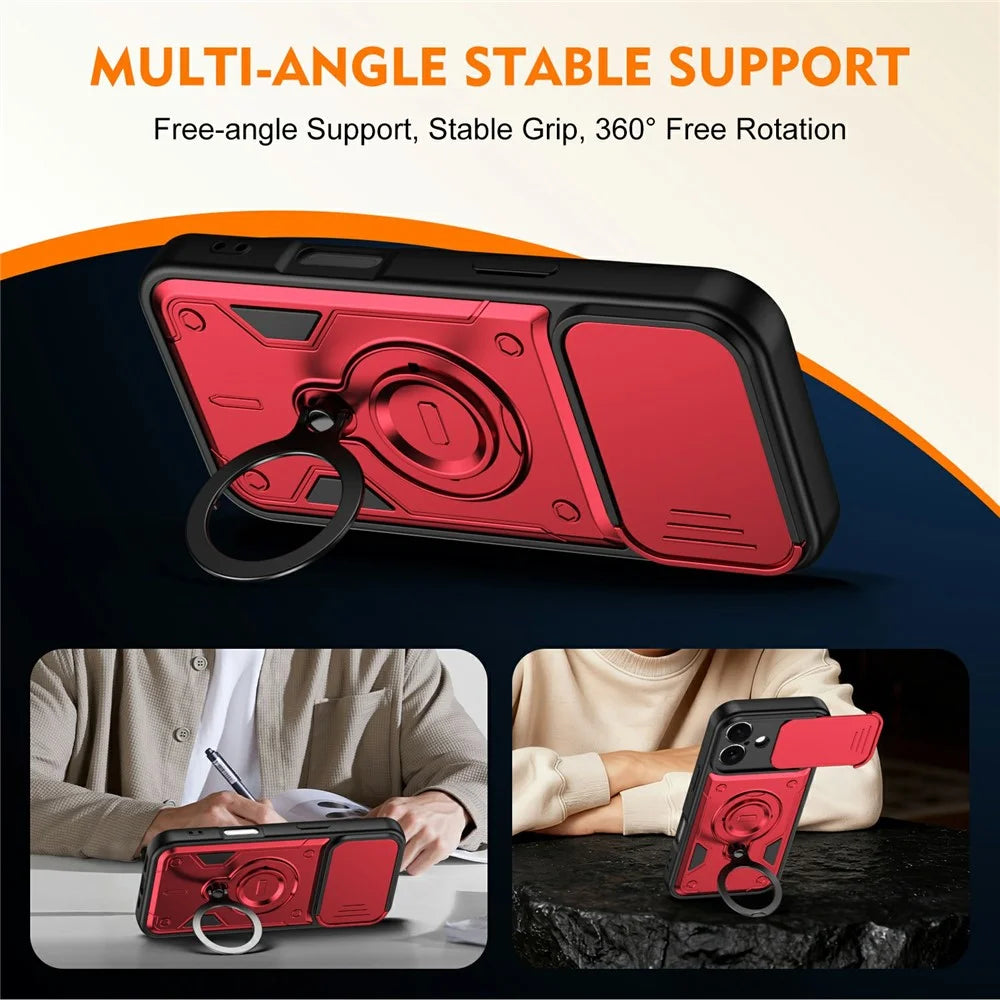 For iPhone 16 Magnetic Case Rotating Kickstand Lens Slider Cover PC + TPU Phone Shell with Tempered Glass Flim - Red - 4