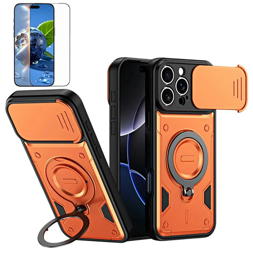 For iPhone 16 Pro Magnetic Case Rotating Kickstand Lens Slider Cover PC + TPU Phone Shell with Tempered Glass Flim - Orange - 1