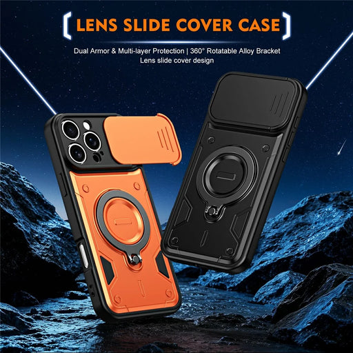 For iPhone 16 Pro Max Magnetic Case Rotating Kickstand Lens Slider Cover PC + TPU Phone Shell with Tempered Glass Flim - Orange - 2