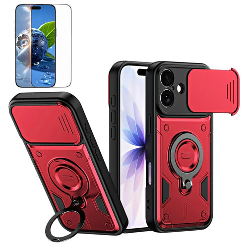 For iPhone 17 Magnetic Case Rotating Kickstand Lens Slider Cover PC + TPU Phone Shell with Tempered Glass Flim - Red - 1