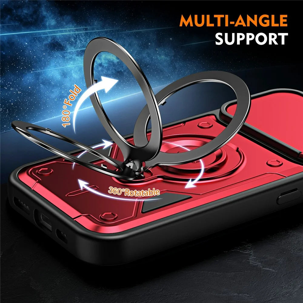 For iPhone 17 Magnetic Case Rotating Kickstand Lens Slider Cover PC + TPU Phone Shell with Tempered Glass Flim - Red - 3
