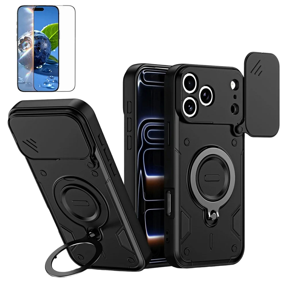 For iPhone 17 Pro Magnetic Case Rotating Kickstand Lens Slider Cover PC + TPU Phone Shell with Tempered Glass Flim - Black - 1
