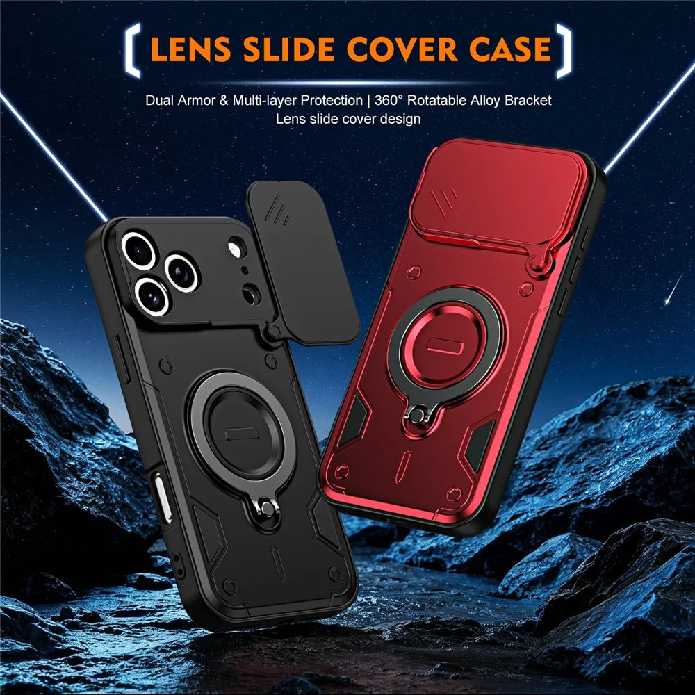 For iPhone 17 Pro Max Magnetic Case Rotating Kickstand Lens Slider Cover PC + TPU Phone Shell with Tempered Glass Flim - Black - 2