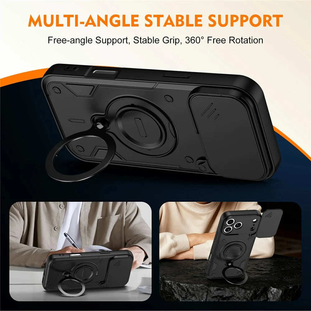 For iPhone 17 Pro Max Magnetic Case Rotating Kickstand Lens Slider Cover PC + TPU Phone Shell with Tempered Glass Flim - Black - 4