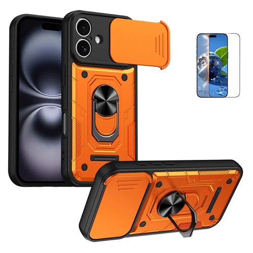 For iPhone 16 Magnetic Case Sliding Lens Cover PC + TPU Phone Shell with Tempered Glass Film - Orange - 1