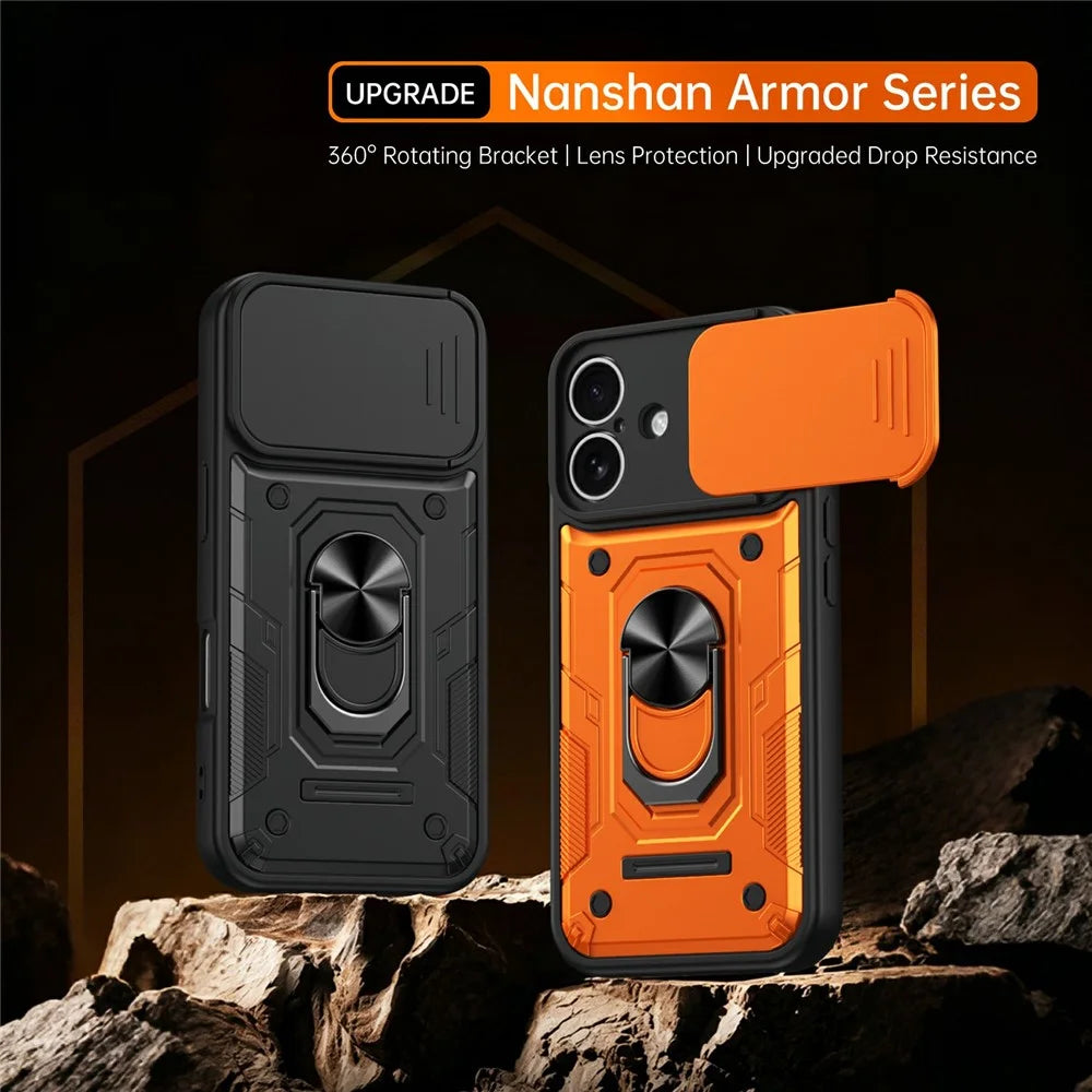 For iPhone 16 Magnetic Case Sliding Lens Cover PC + TPU Phone Shell with Tempered Glass Film - Orange - 2