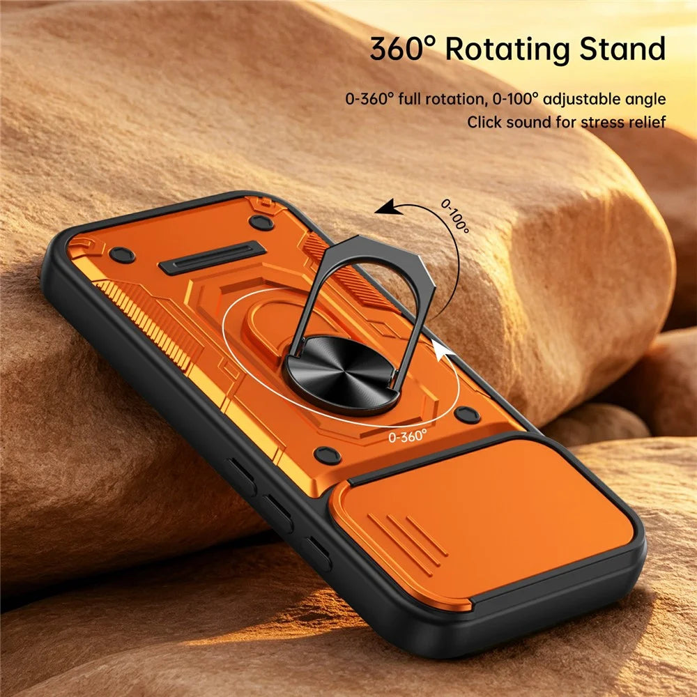 For iPhone 16 Magnetic Case Sliding Lens Cover PC + TPU Phone Shell with Tempered Glass Film - Orange - 3