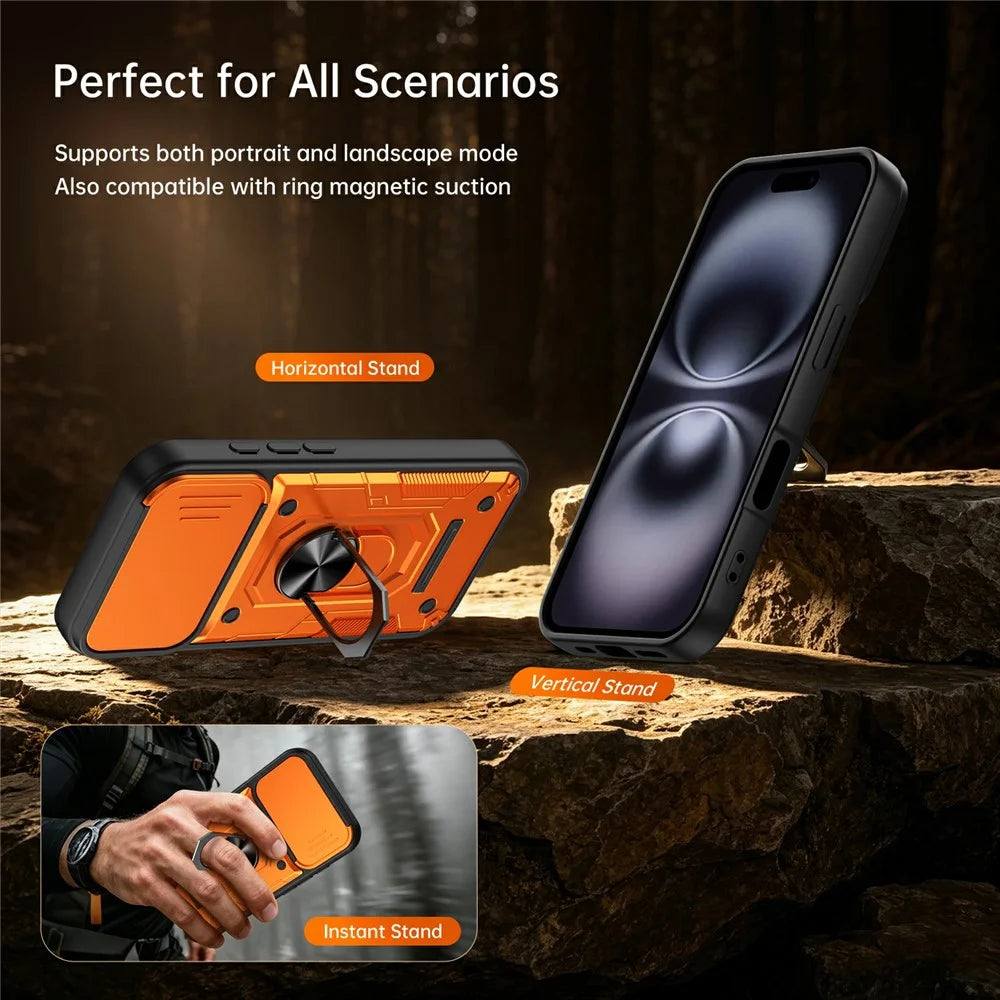 For iPhone 16 Magnetic Case Sliding Lens Cover PC + TPU Phone Shell with Tempered Glass Film - Orange - 4