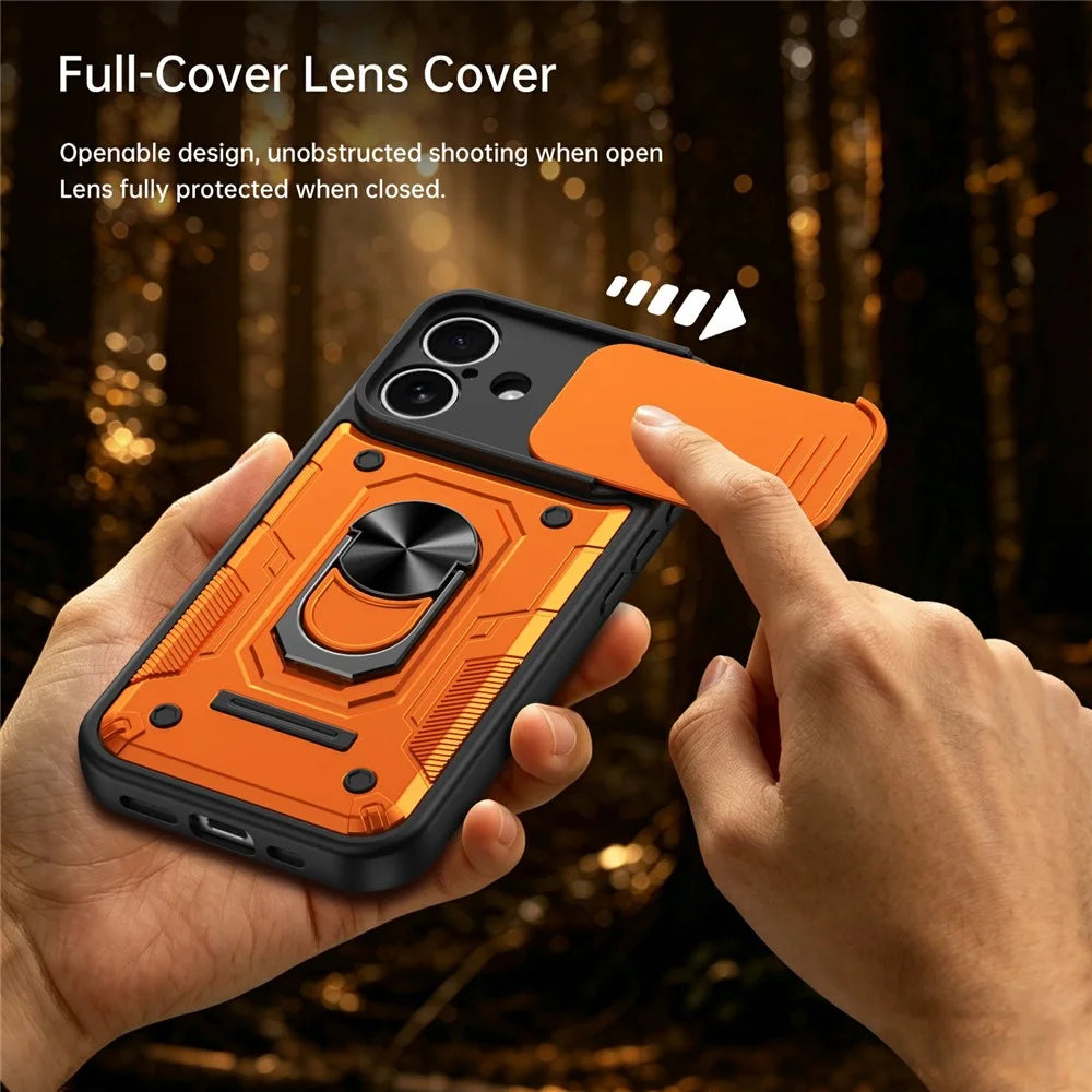 For iPhone 16 Magnetic Case Sliding Lens Cover PC + TPU Phone Shell with Tempered Glass Film - Orange - 5