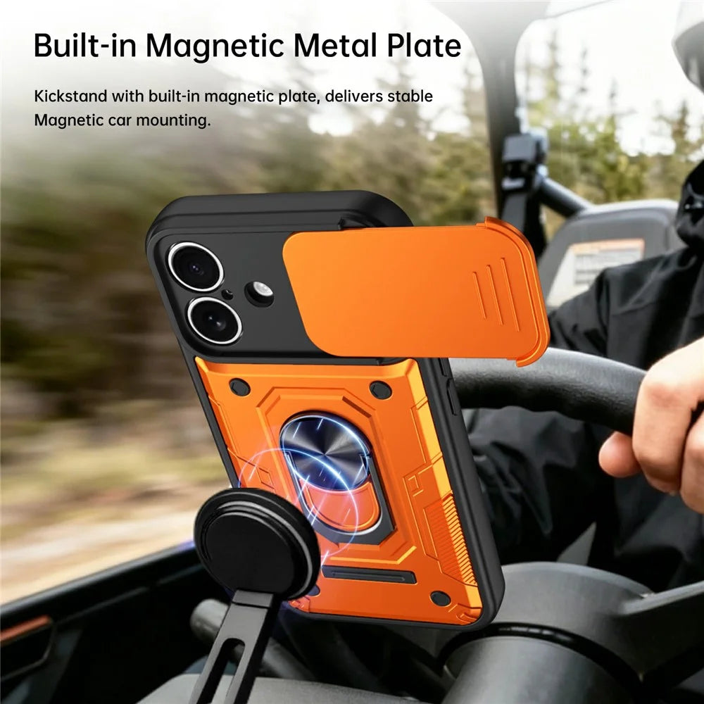For iPhone 16 Magnetic Case Sliding Lens Cover PC + TPU Phone Shell with Tempered Glass Film - Orange - 6