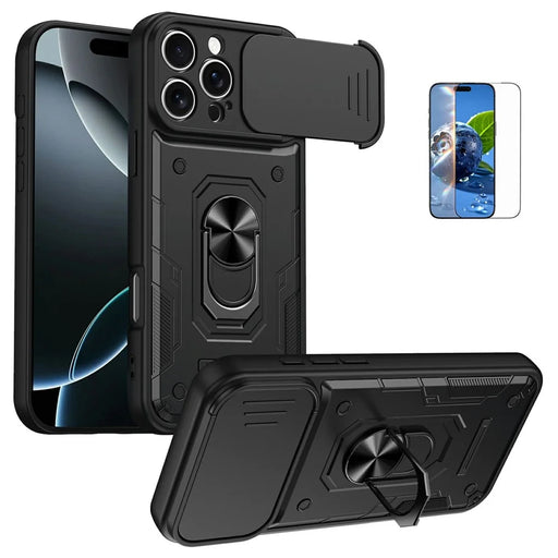 For iPhone 16 Pro Magnetic Case Sliding Lens Cover PC + TPU Phone Shell with Tempered Glass Film - Black - 1