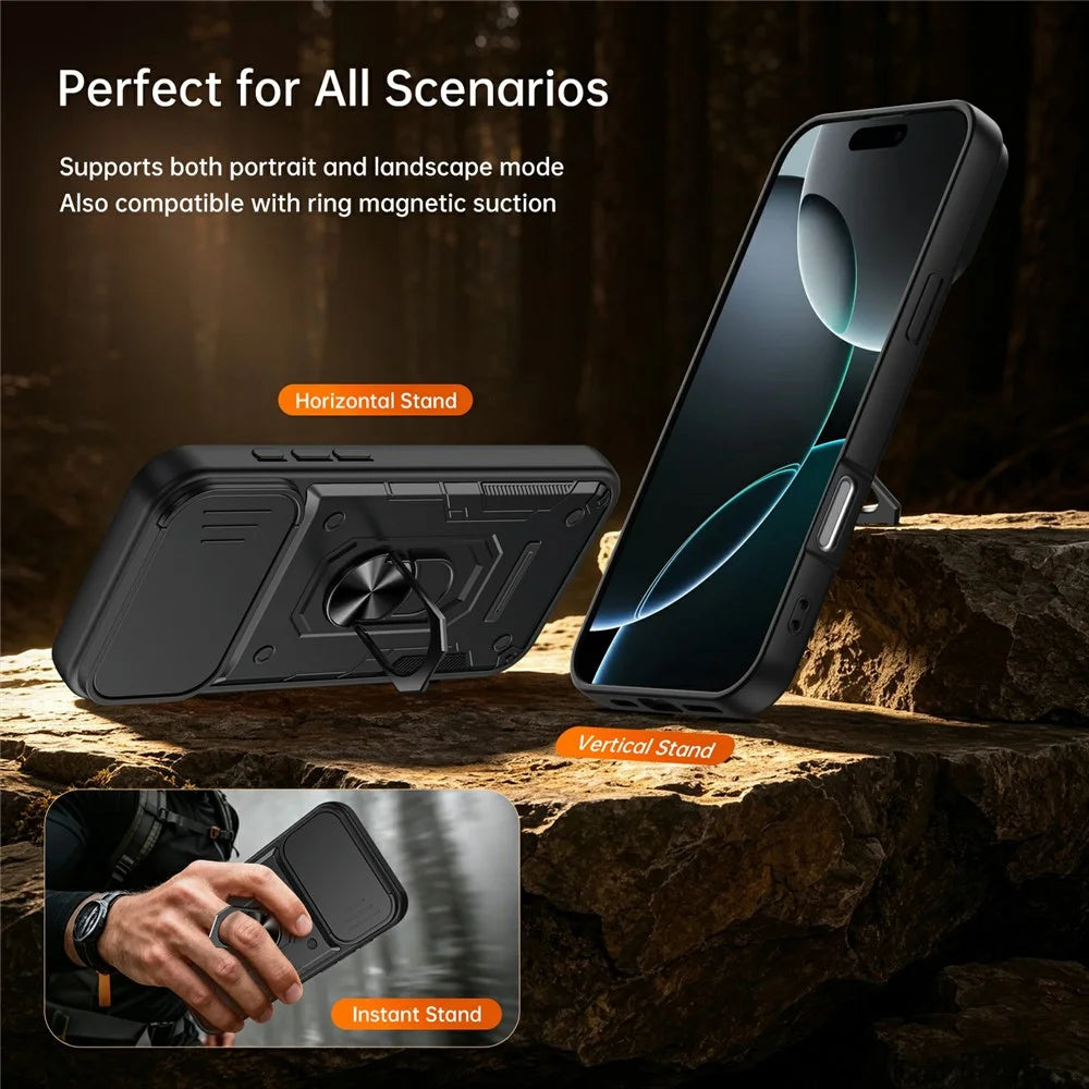 For iPhone 16 Pro Max Magnetic Case Sliding Lens Cover PC + TPU Phone Shell with Tempered Glass Film - Black - 4