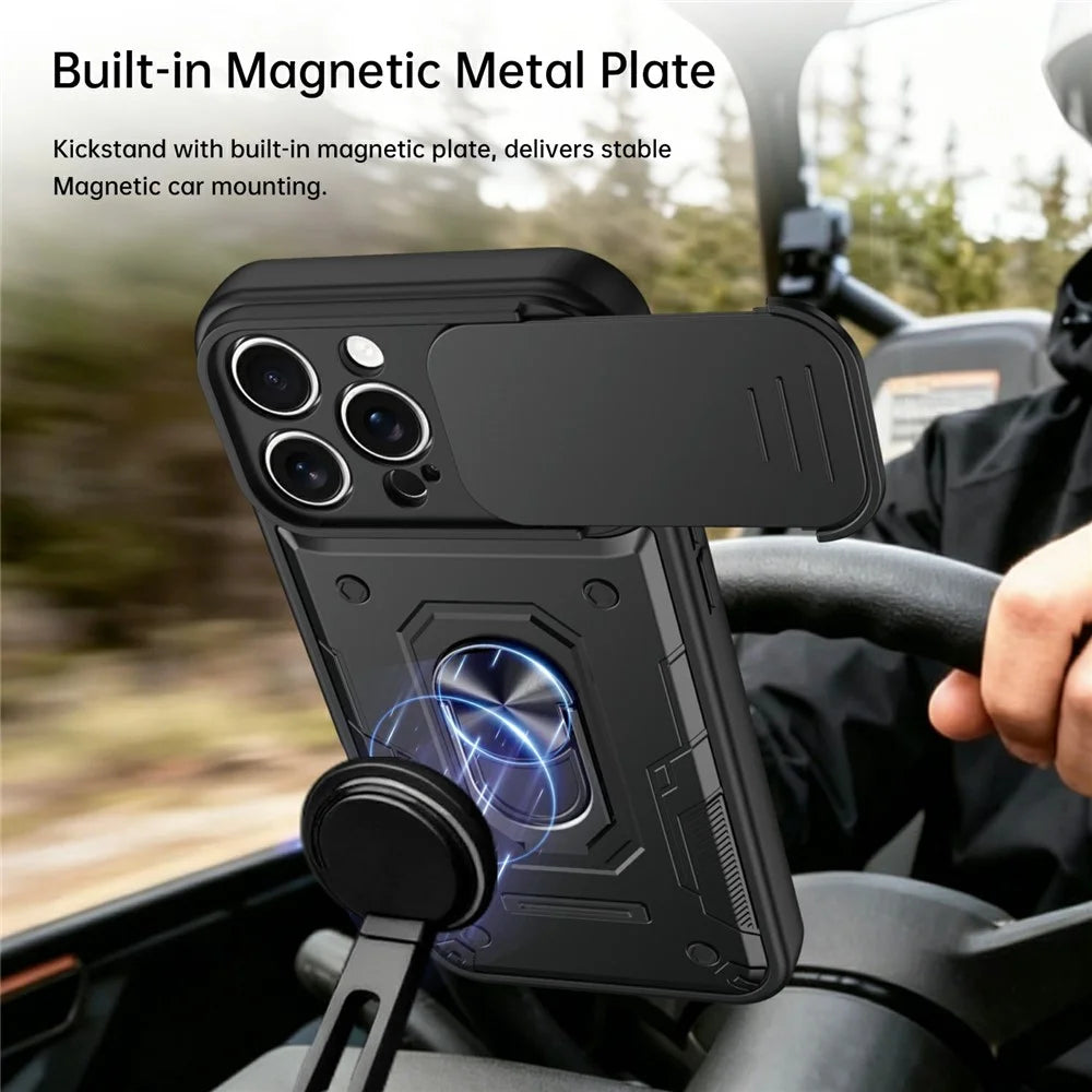 For iPhone 16 Pro Max Magnetic Case Sliding Lens Cover PC + TPU Phone Shell with Tempered Glass Film - Black - 6