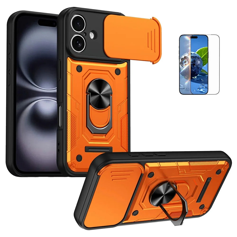 For iPhone 17 Magnetic Case Sliding Lens Cover PC + TPU Phone Shell with Tempered Glass Film - Orange - 1