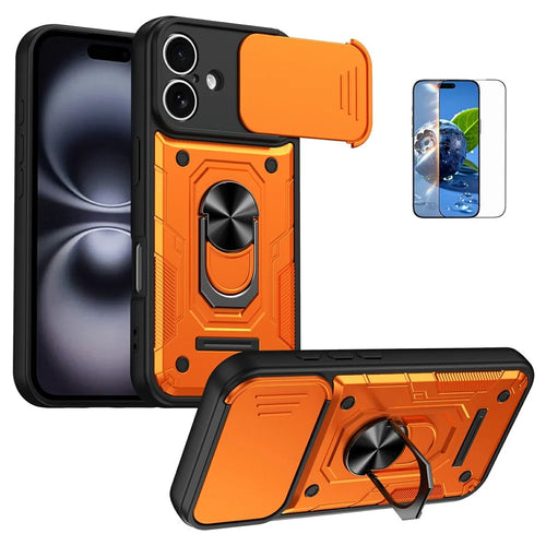 For iPhone 17 Magnetic Case Sliding Lens Cover PC + TPU Phone Shell with Tempered Glass Film - Orange - 1