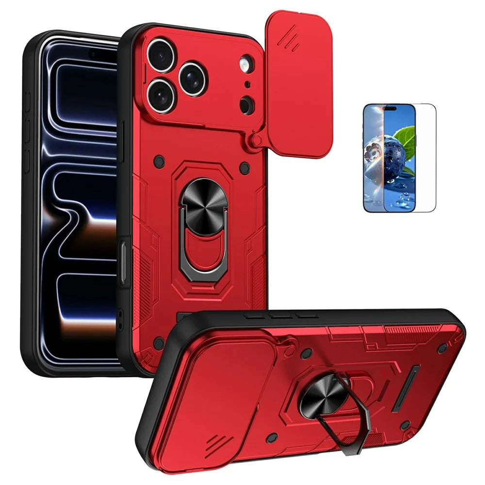 For iPhone 17 Pro Max Magnetic Case Sliding Lens Cover PC + TPU Phone Shell with Tempered Glass Film - Red - 1