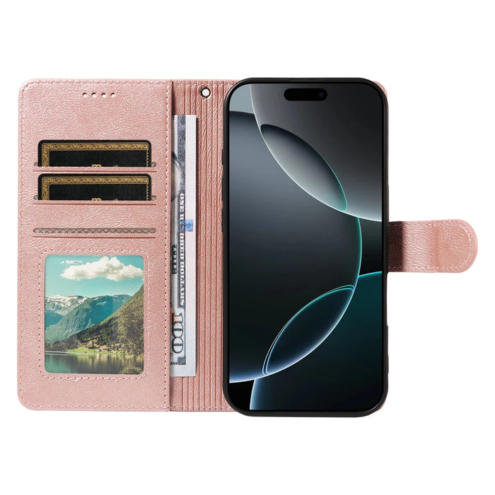 For iPhone 16 Pro Max Case with Wrist Strap RFID Blocking Wallet Cowhide Texture Leather Phone Cover - Rose Gold - 2