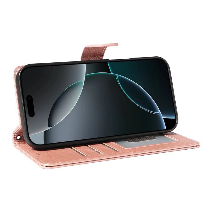 For iPhone 16 Pro Max Case with Wrist Strap RFID Blocking Wallet Cowhide Texture Leather Phone Cover - Rose Gold - 3