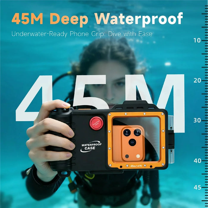 For iPhone 17 Diving Waterproof Case 45m / 147ft Underwater Photography Surfing Photo Video Housing Cover - Black / Orange - 7