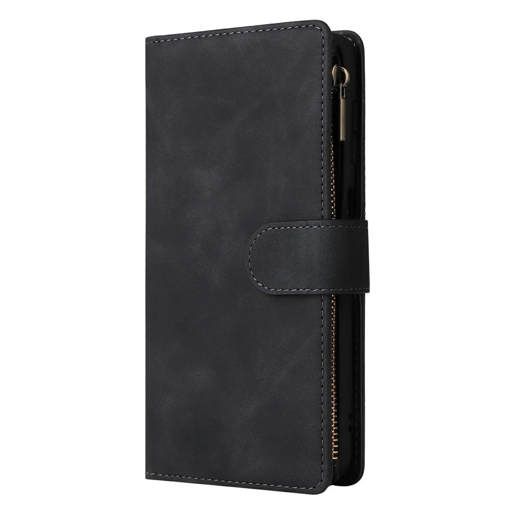 For Samsung Galaxy A27 5G Case Zipper Wallet Multiple Card Slots Leather Phone Cover with Wrist Strap - Black - 7