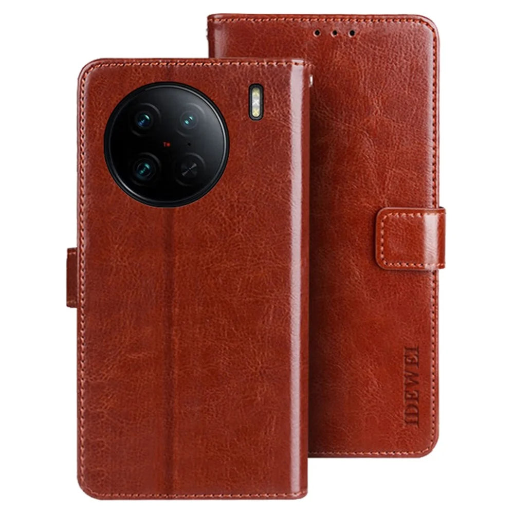 IDEWEI For vivo X90 Pro 5G Stand Feature Crazy Horse Texture PU Leather Flip Wallet Cover Phone Shell Shockproof Protective Case - Brown - 1