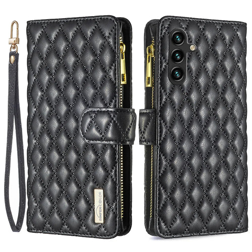 BINFEN COLOR for Samsung Galaxy A26 5G BF Style-15 Leather Case Zipper Pocket Rhombus Phone Cover - Black - 1