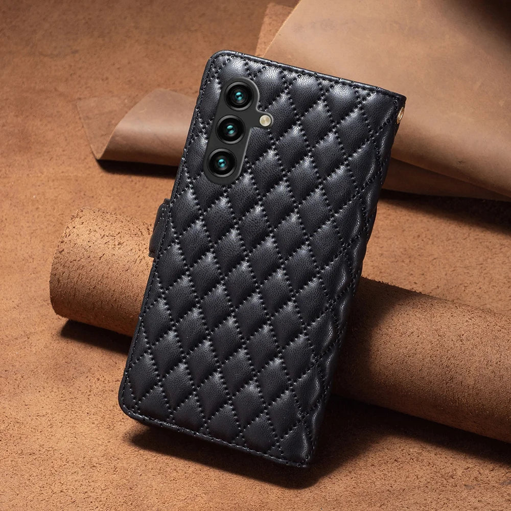 BINFEN COLOR for Samsung Galaxy A26 5G BF Style-15 Leather Case Zipper Pocket Rhombus Phone Cover - Black - 7
